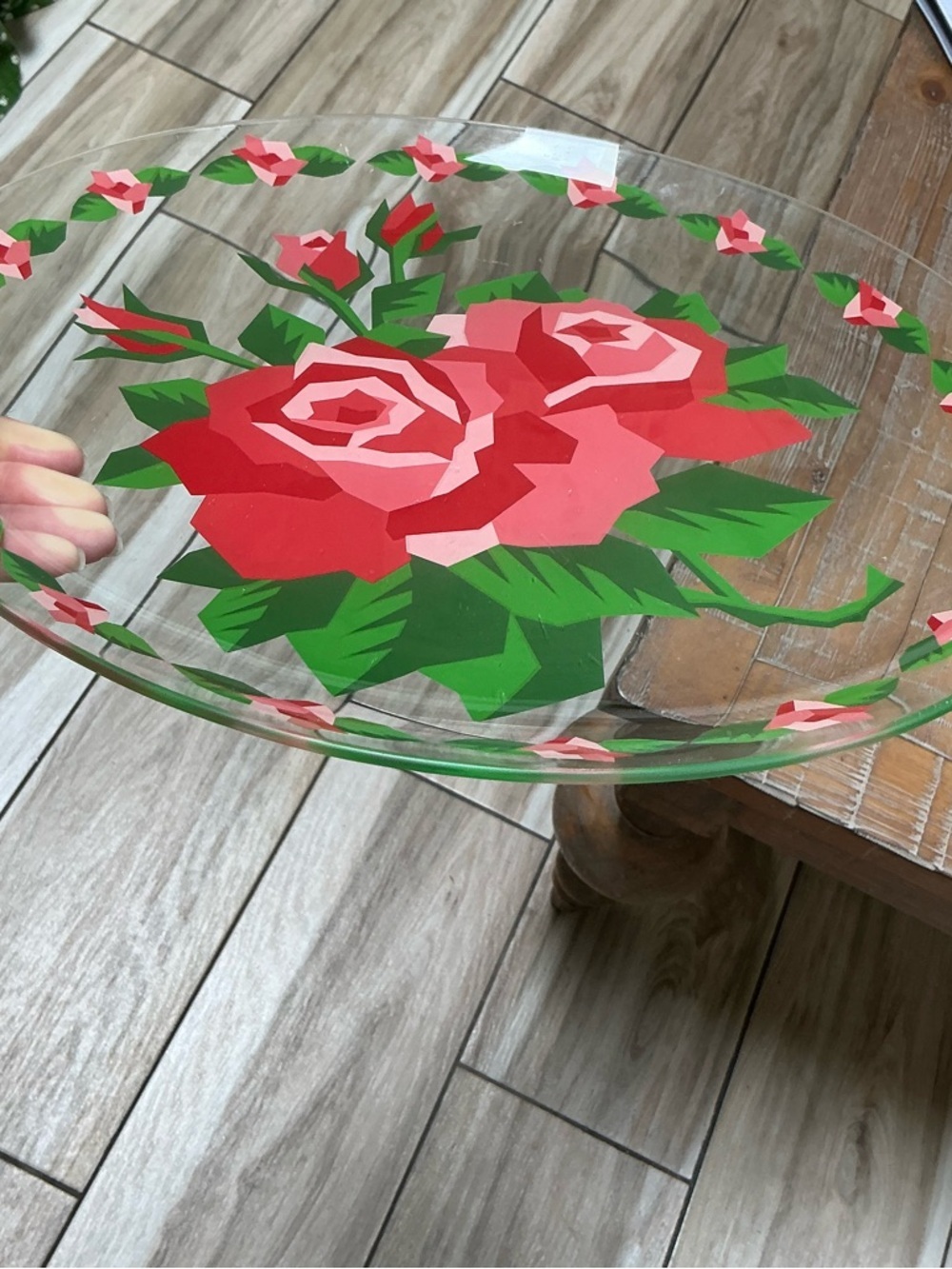 Vintage Mid Century Glass Glass Serving Tray Platter Floral Folk Hand Painted